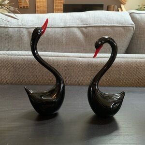 Vintage Elegant Black Glass Long Neck  Swan Figurines